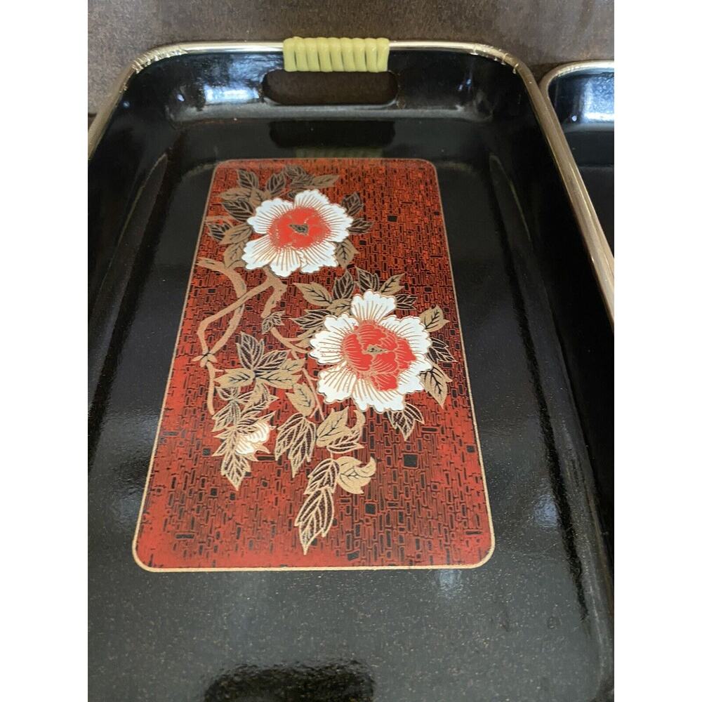 Two Plastic Japanese 10 1/2” Floral Both Different Wrapped Handle Trays - Picture 4 of 6